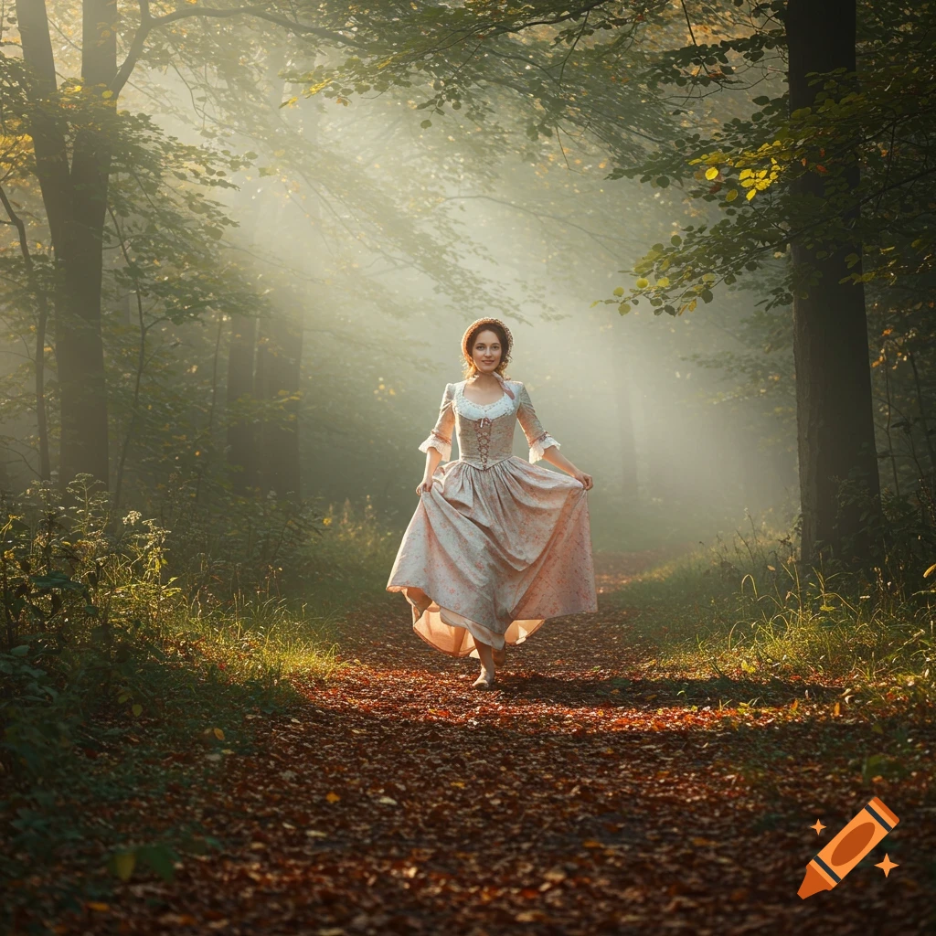 A woman in a historical dress walks barefoot on a path through a misty, sunlit forest.