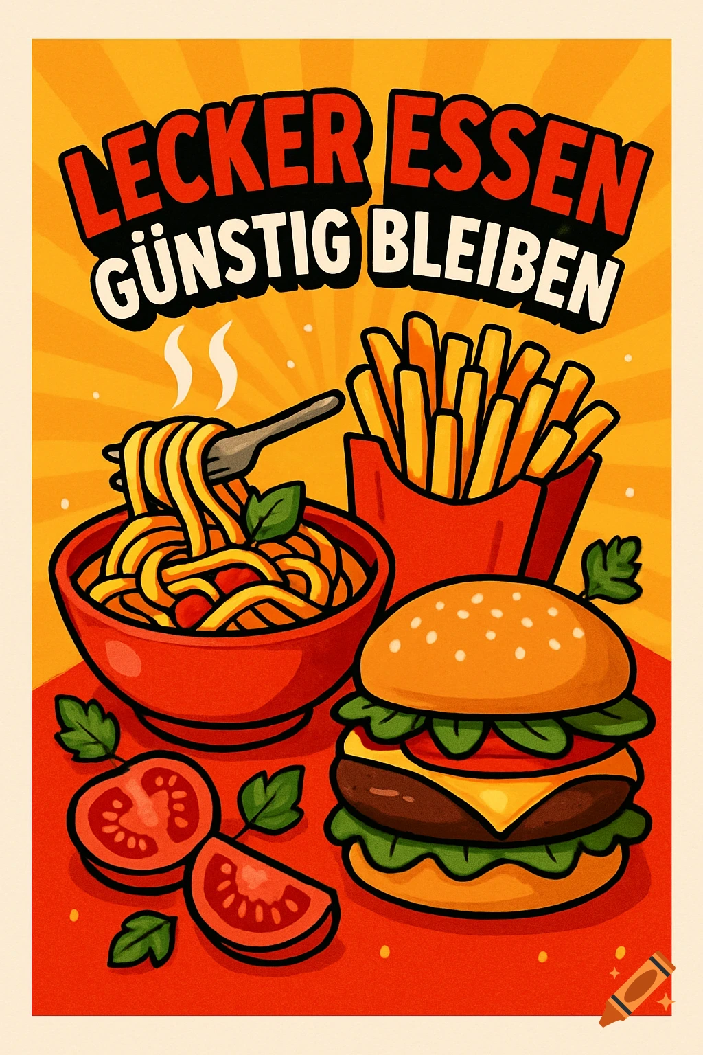 Vibrant cartoon poster advertising 'Delicious Food, Stay Cheap' with spaghetti, french fries, a burger, and sliced tomatoes.