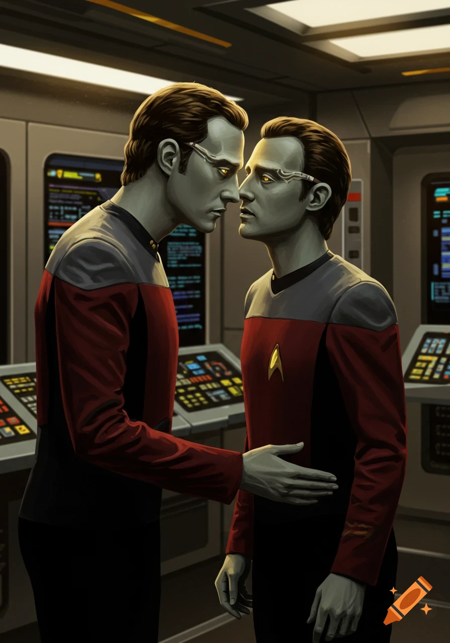 Two gray-skinned android men in Starfleet uniforms stand face-to-face, one with a hand on the other's hip, in a spaceship corridor.