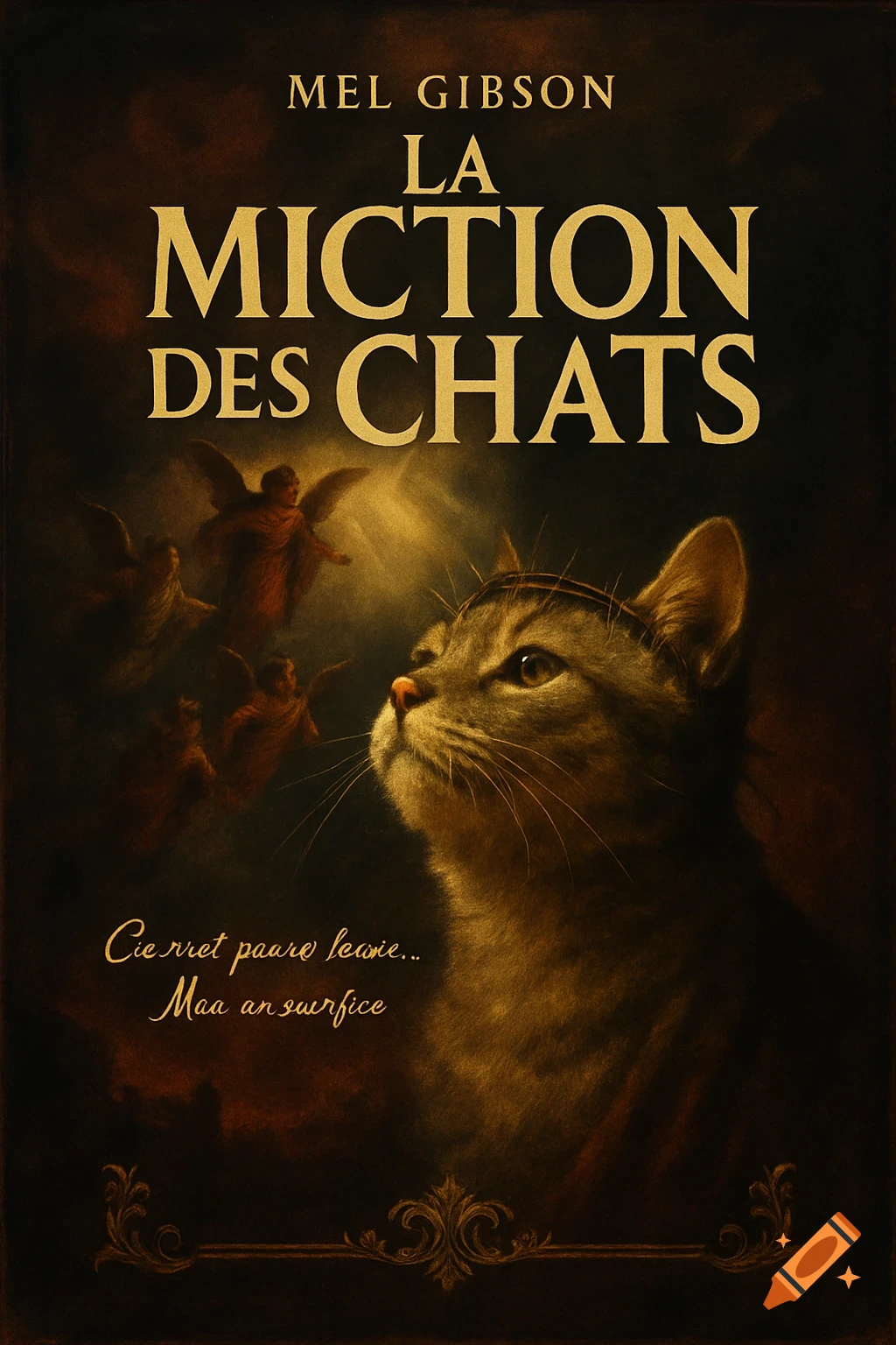 A dark, classical movie poster-style image with a cat looking up at angels, text reads "MEL GIBSON LA MICTION DES CHATS".