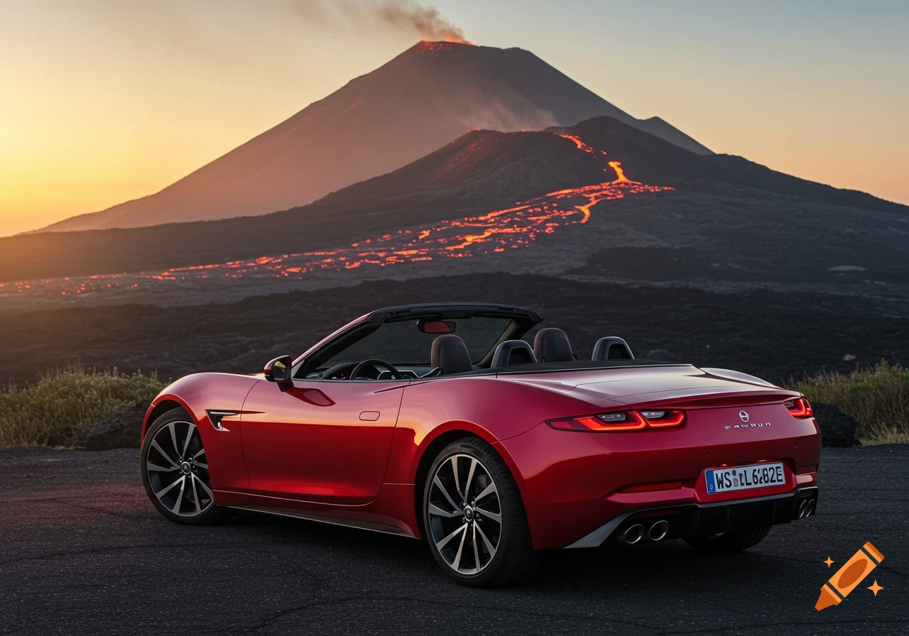Red convertible car parked on a road with an erupting volcano and lava flows in the background at sunset, photorealistic.