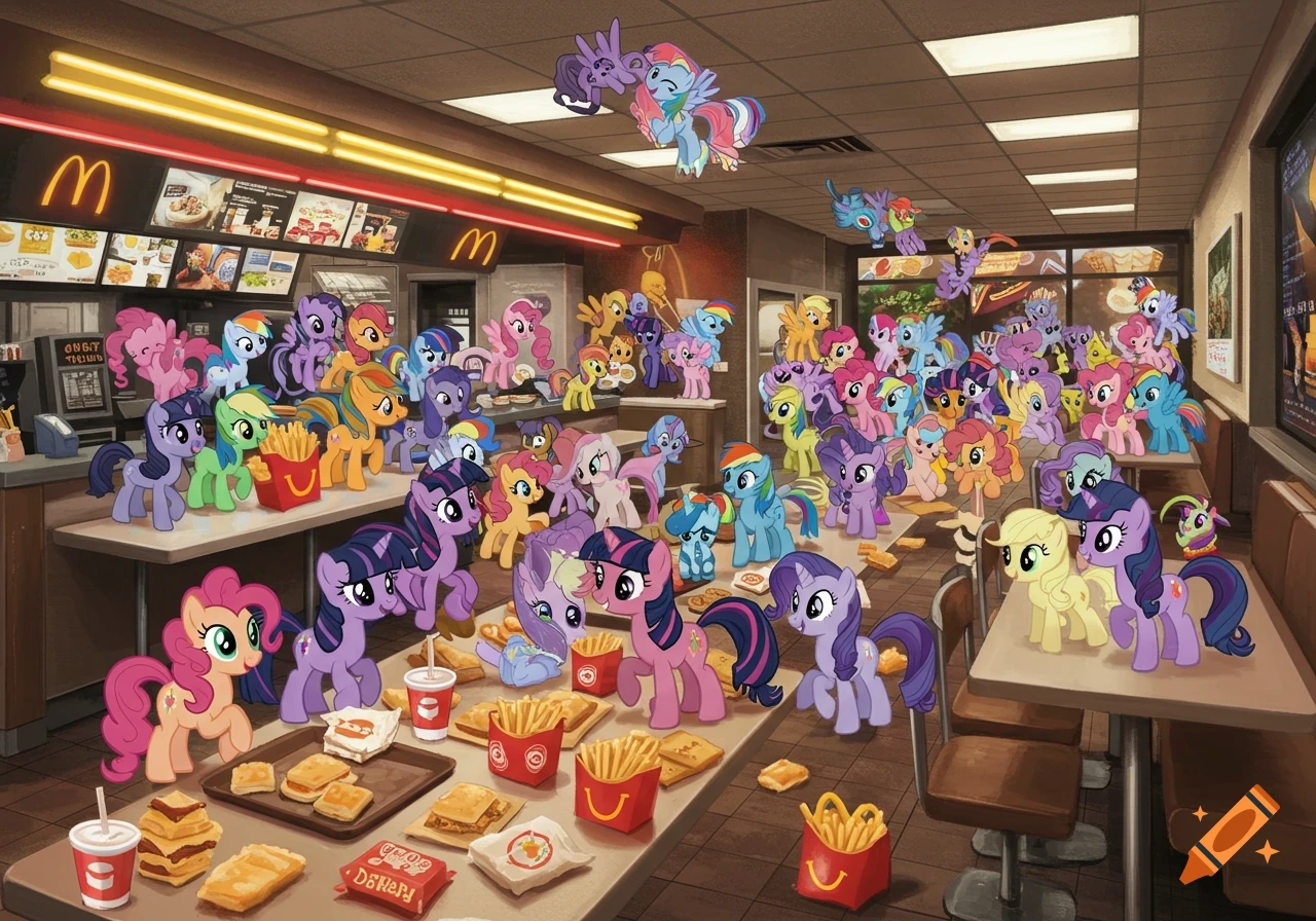 Many My Little Pony characters fill a busy McDonald's restaurant, standing among tables laden with fast food items.