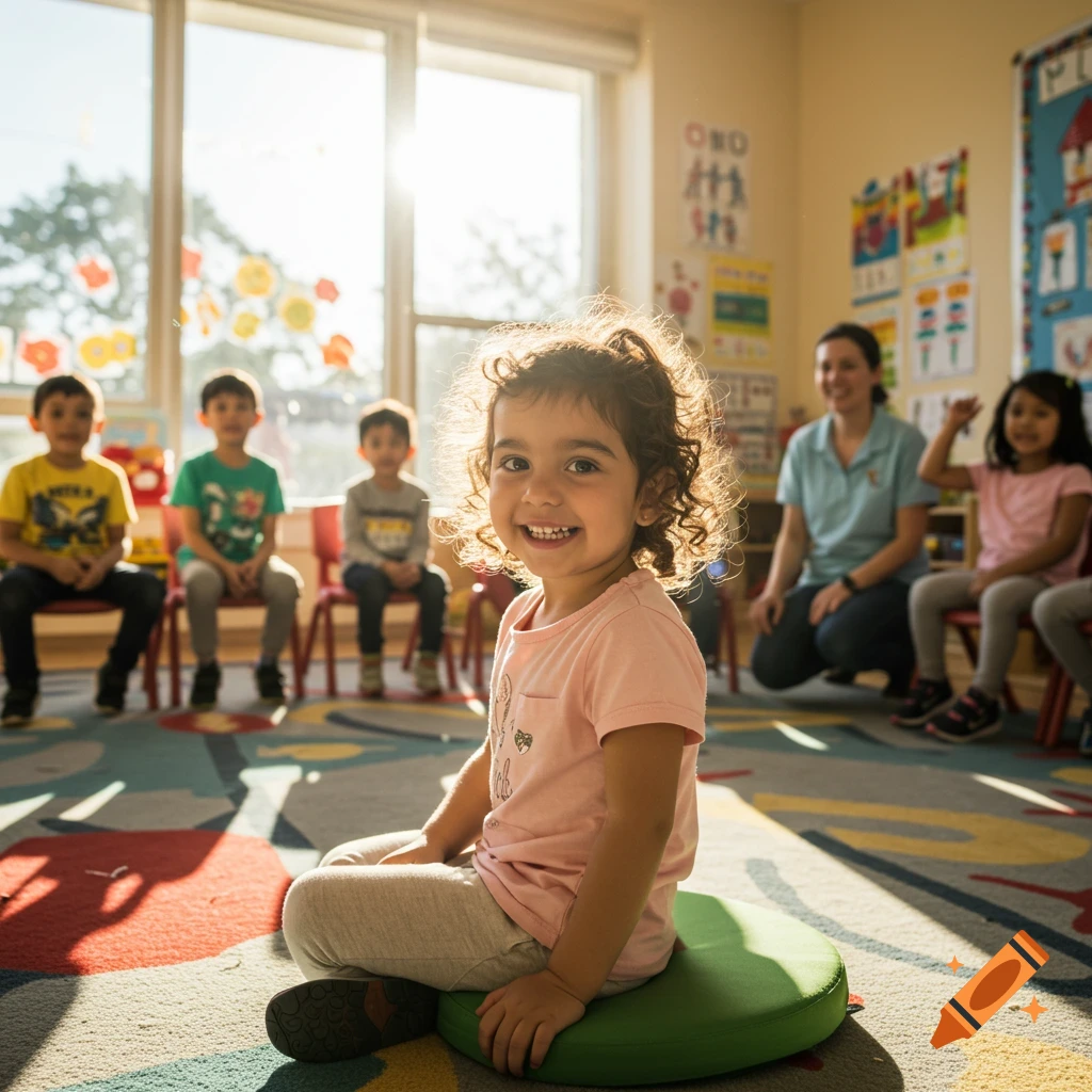 A happy young girl sits on a green cushion, smiling at the camera in a sunlit kindergarten classroom with other children and an educator.