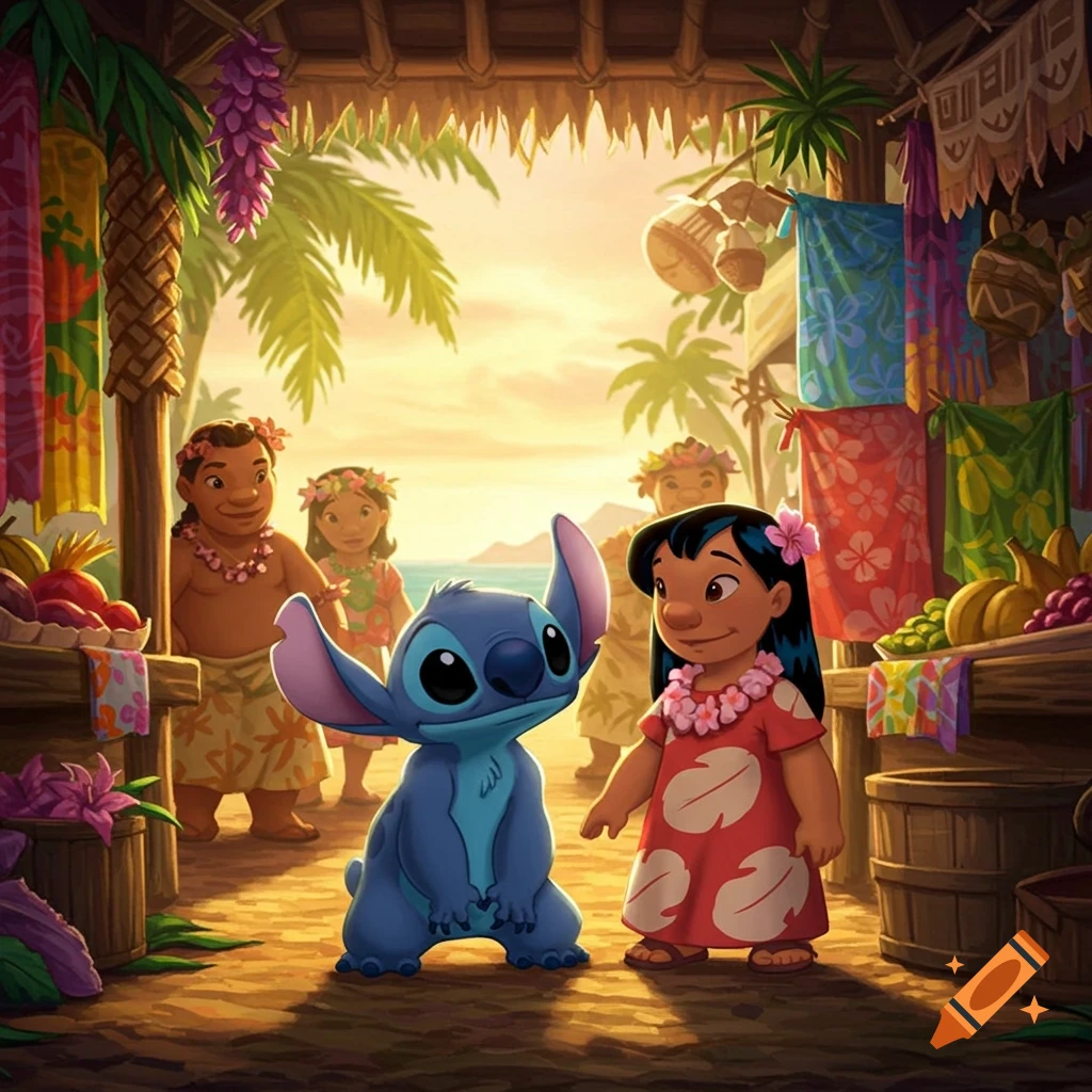 Lilo and Stitch stand in a vibrant tropical market with other islanders and fruit stalls in animated style.