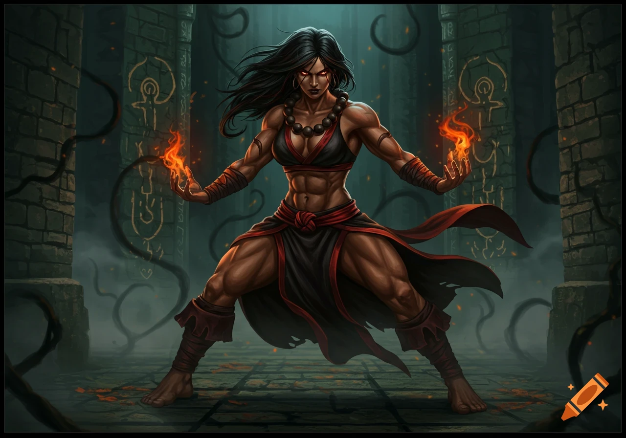 Muscular female monk with dark hair, glowing red eyes, and a six-pack, holding fiery orbs in a dark ruined temple with ancient glyphs.