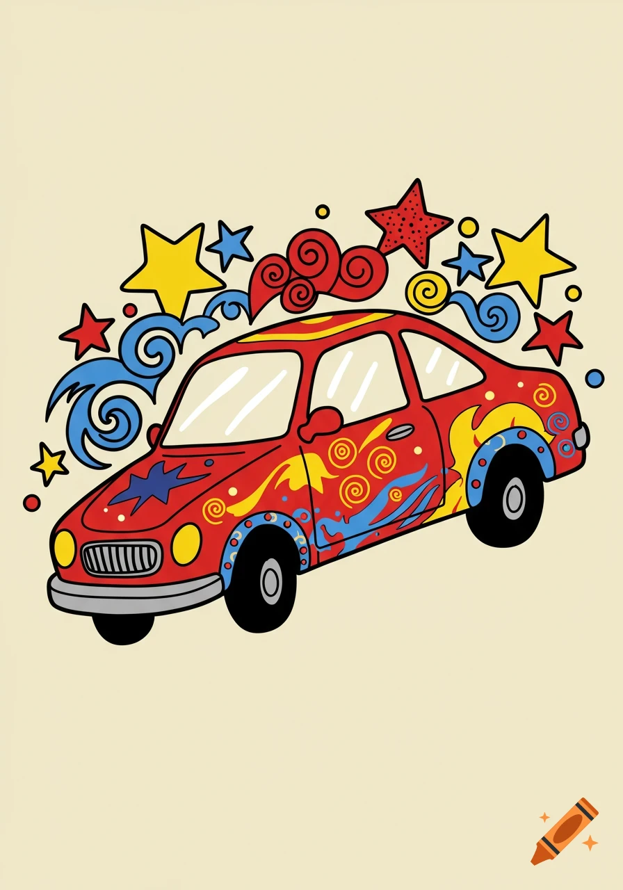 A red cartoon car with yellow and blue patterns, surrounded by stars and swirls, on a beige background.