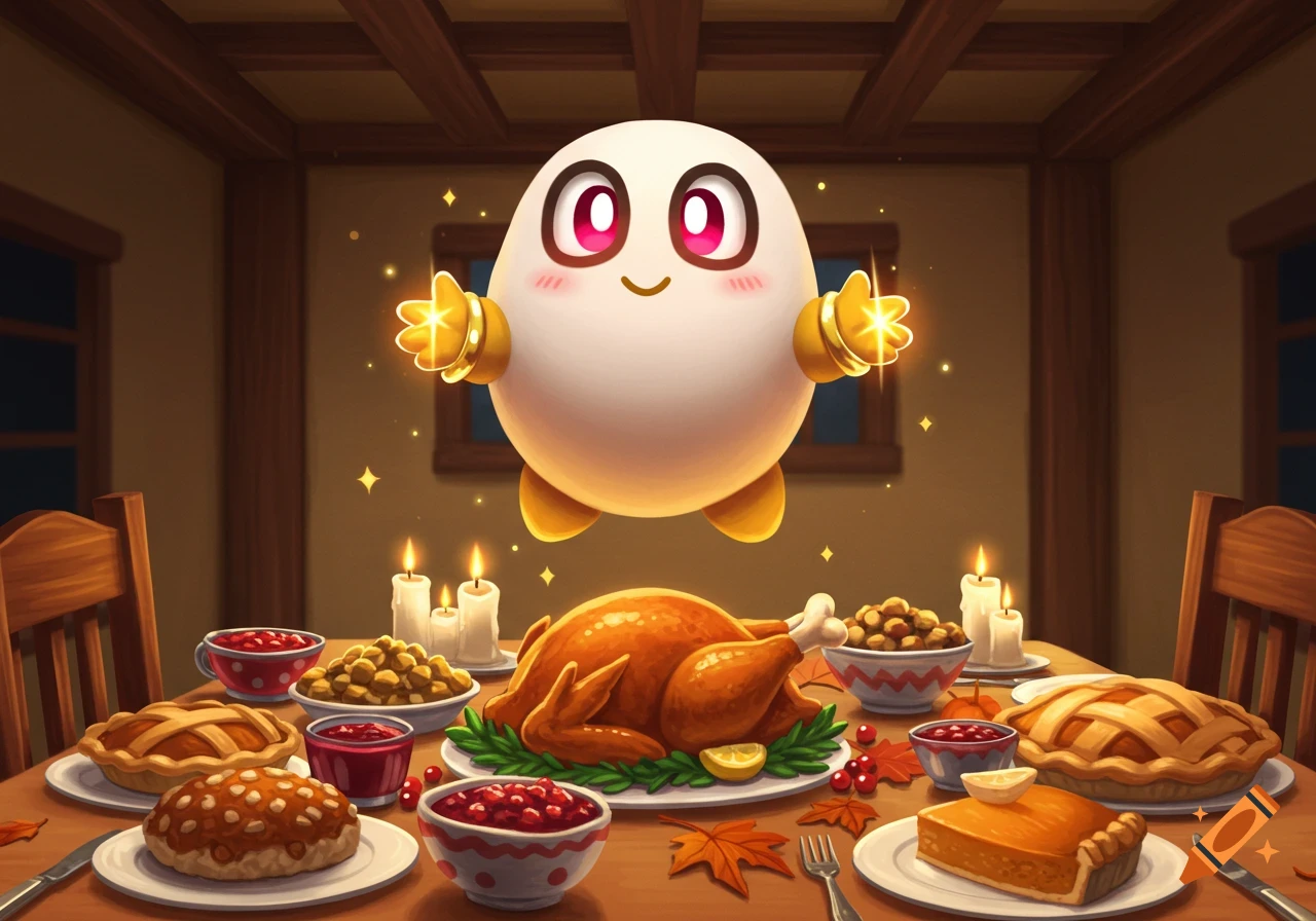 A cute, egg-shaped character with glowing hands floats over a festive Thanksgiving table laden with turkey, pies, and candles, cartoon style.