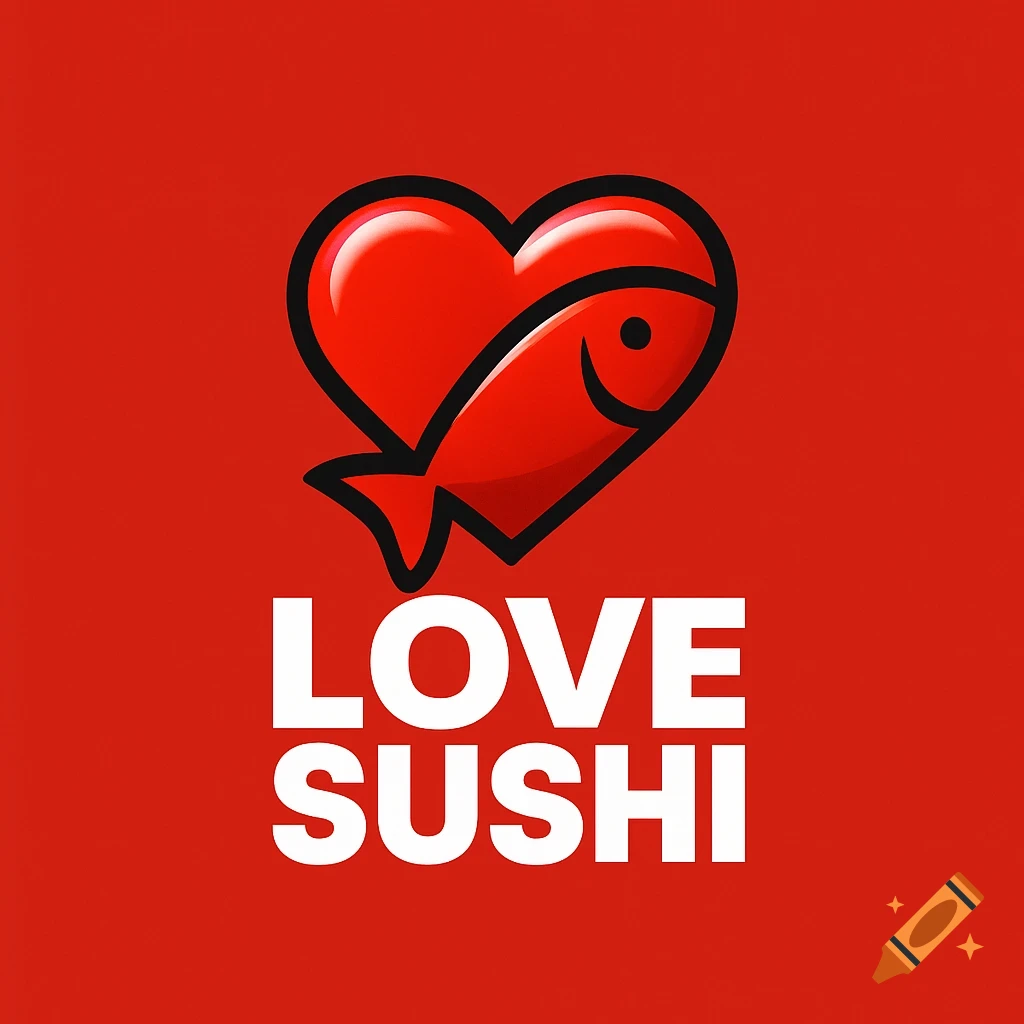 Red logo with a heart and a red fish inside, above the white text "LOVE SUSHI" on a solid red background.