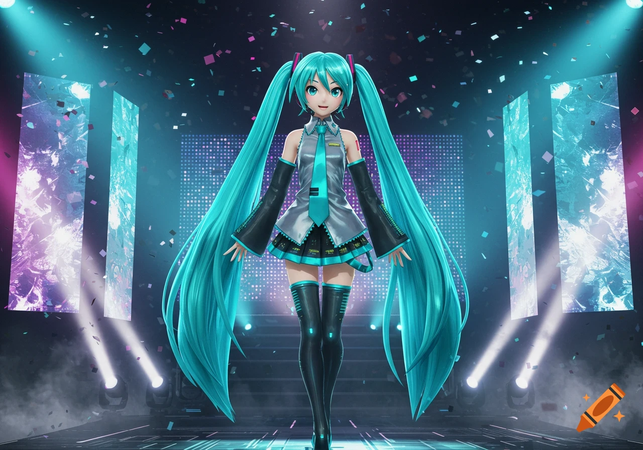 Hatsune Miku on a vibrant concert stage with confetti, spotlighted.