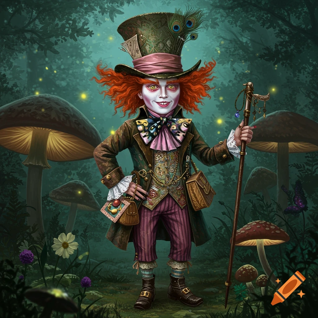 Whimsical Mad Hatter with red hair and top hat, wearing vintage clothing, stands in a detailed fantasy forest with glowing mushrooms.