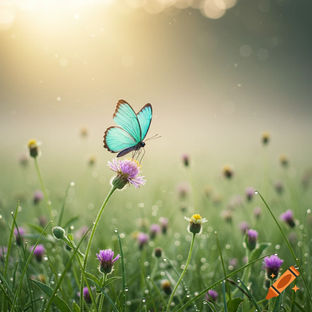 A close-up of a teal butterfly on a purple flower in a dew-covered, sunlit grassy field.