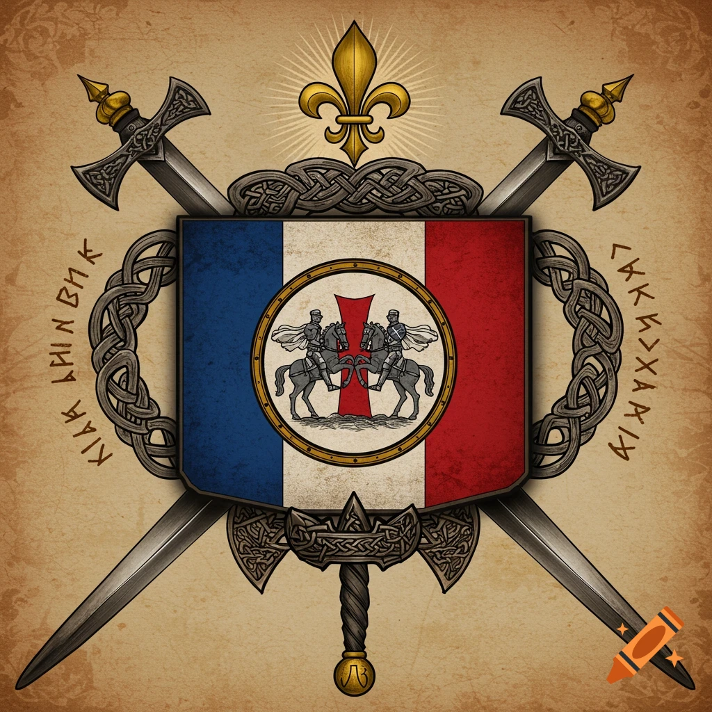 A heraldic emblem with a Fleur-de-lys, crossed swords, and Celtic knotwork. A shield with a French flag pattern and two knights on a horse is central, with runes on the sides, on a parchment background.
