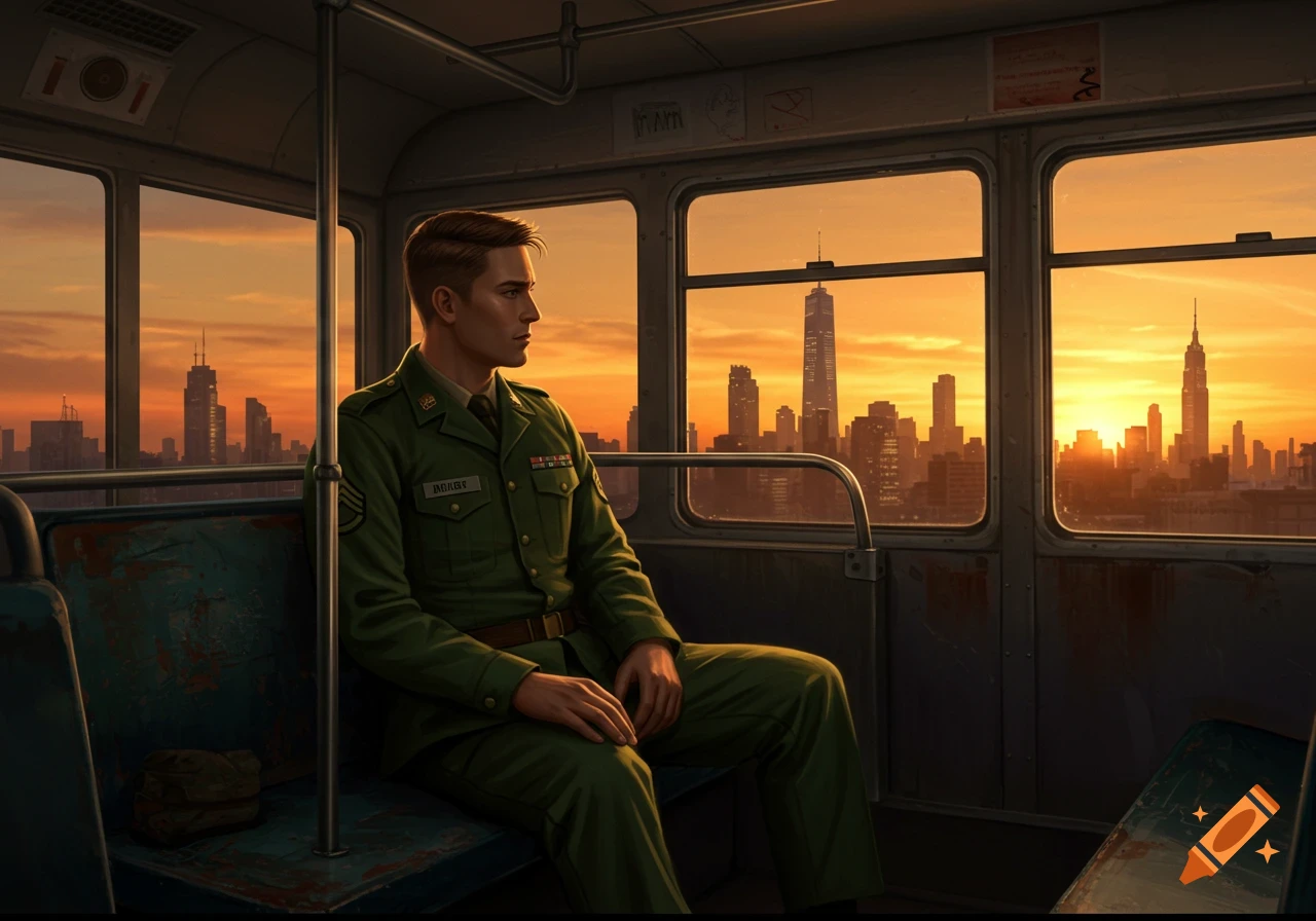 A man in a green army uniform sits on a bus, looking out at a city skyline bathed in a sunset. Digital art.