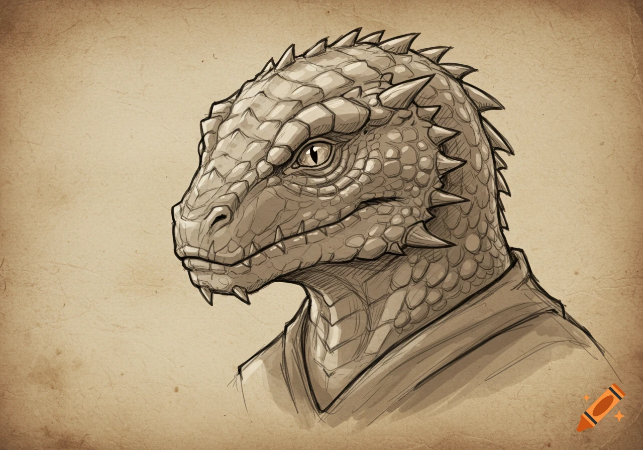 A monochrome sketch of a reptilian Argonian creature's head and upper chest on old paper.