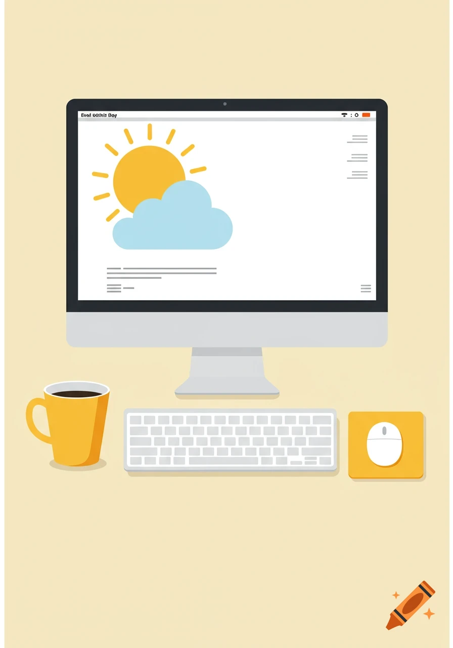 A minimalist illustration of a desktop computer setup with a weather app showing a sun and cloud, a yellow coffee mug, a white keyboard, and a white mouse on a yellow mouse pad.