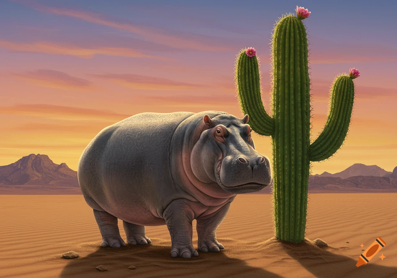 A large hippo stands next to a tall saguaro cactus with pink flowers in a sandy desert landscape at sunset.