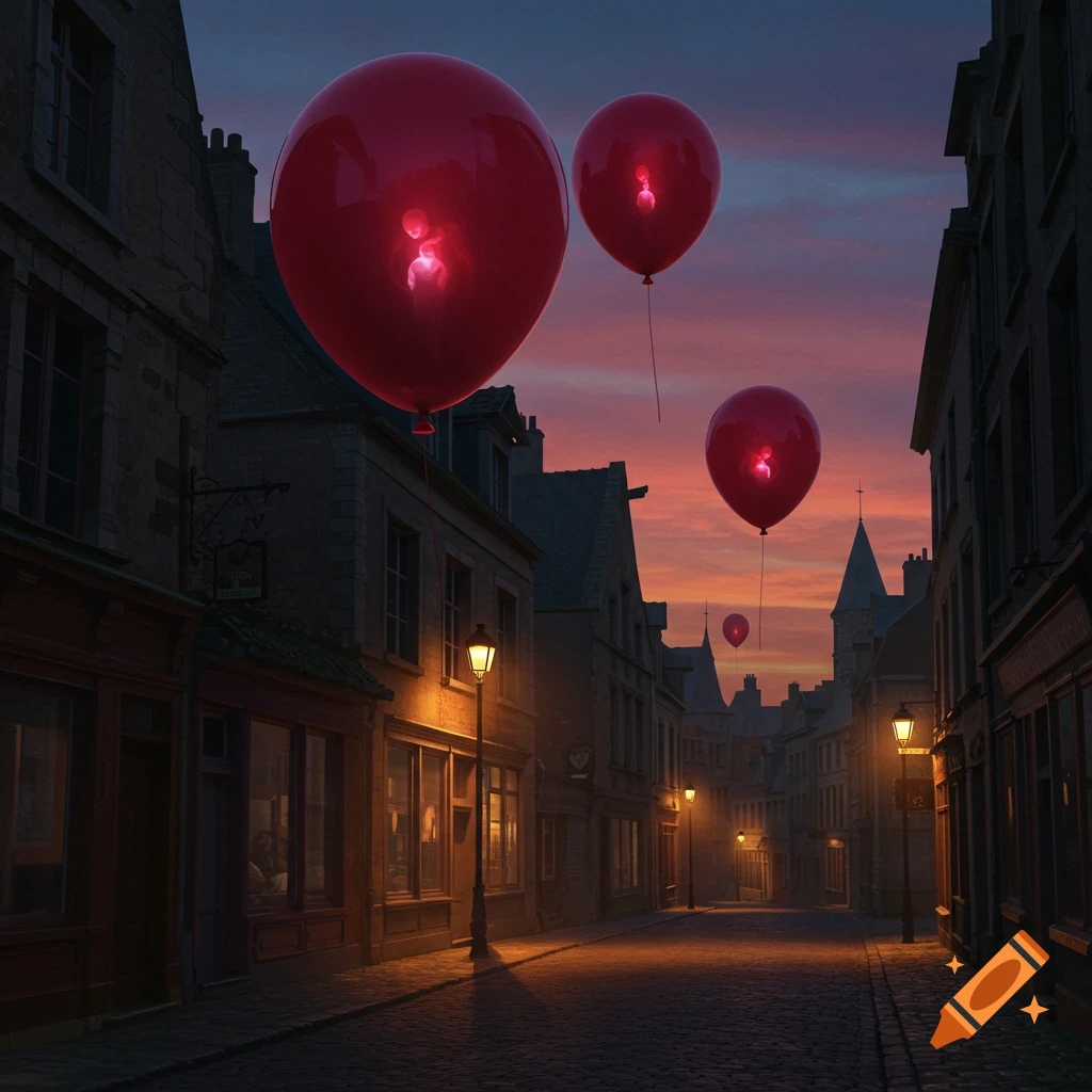 Eerie red balloons with glowing figures float above a dark, historic cobblestone street at sunset.