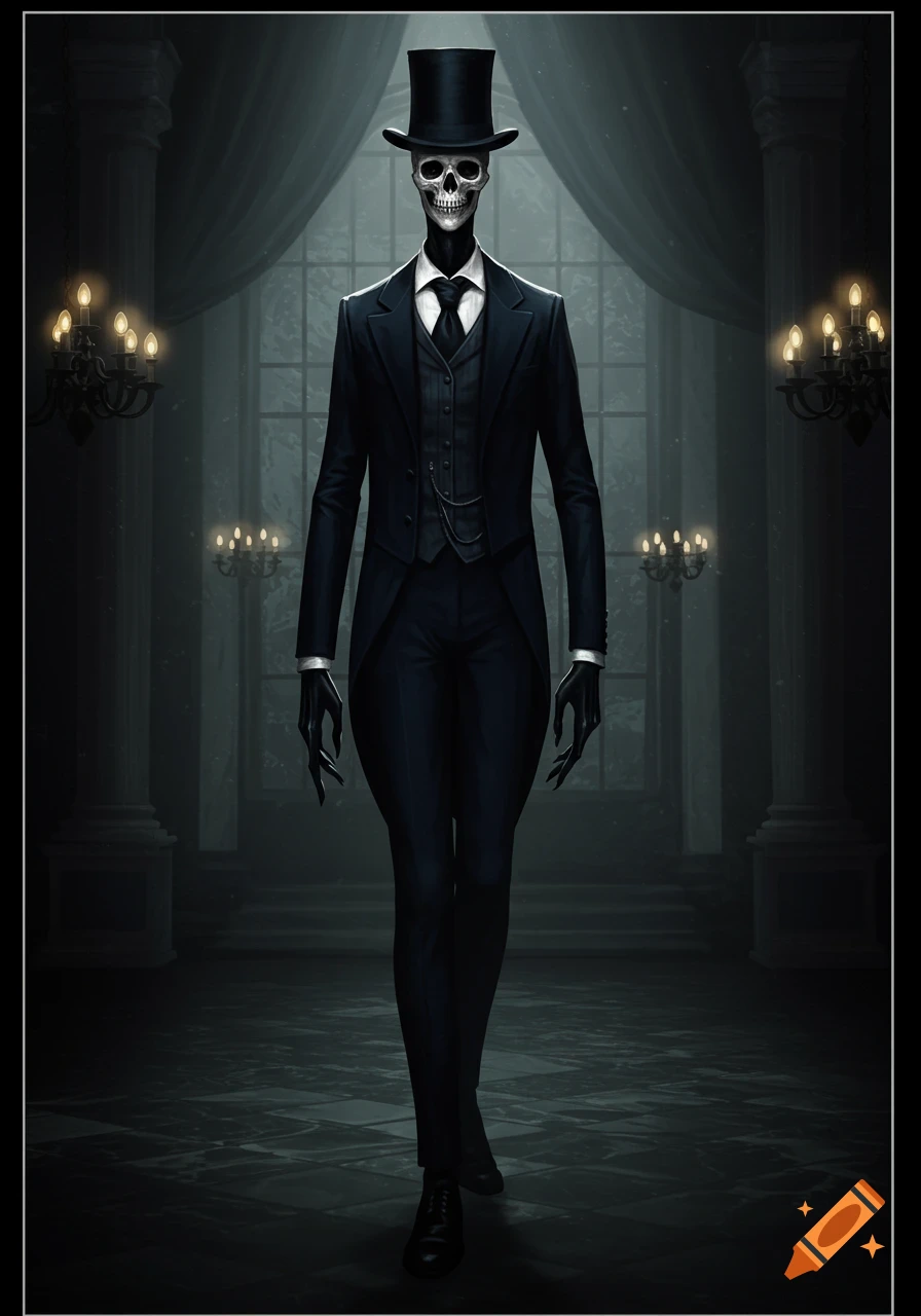 A tall skeletal creature in a black suit and top hat stands in a dimly lit gothic hall with chandeliers.