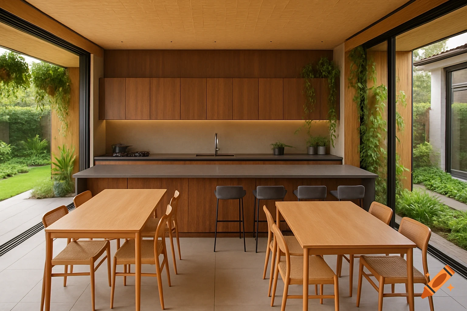 A modern kitchen and dining area with wooden cabinetry, a long counter, two wooden dining tables, and large glass doors opening to a lush garden.