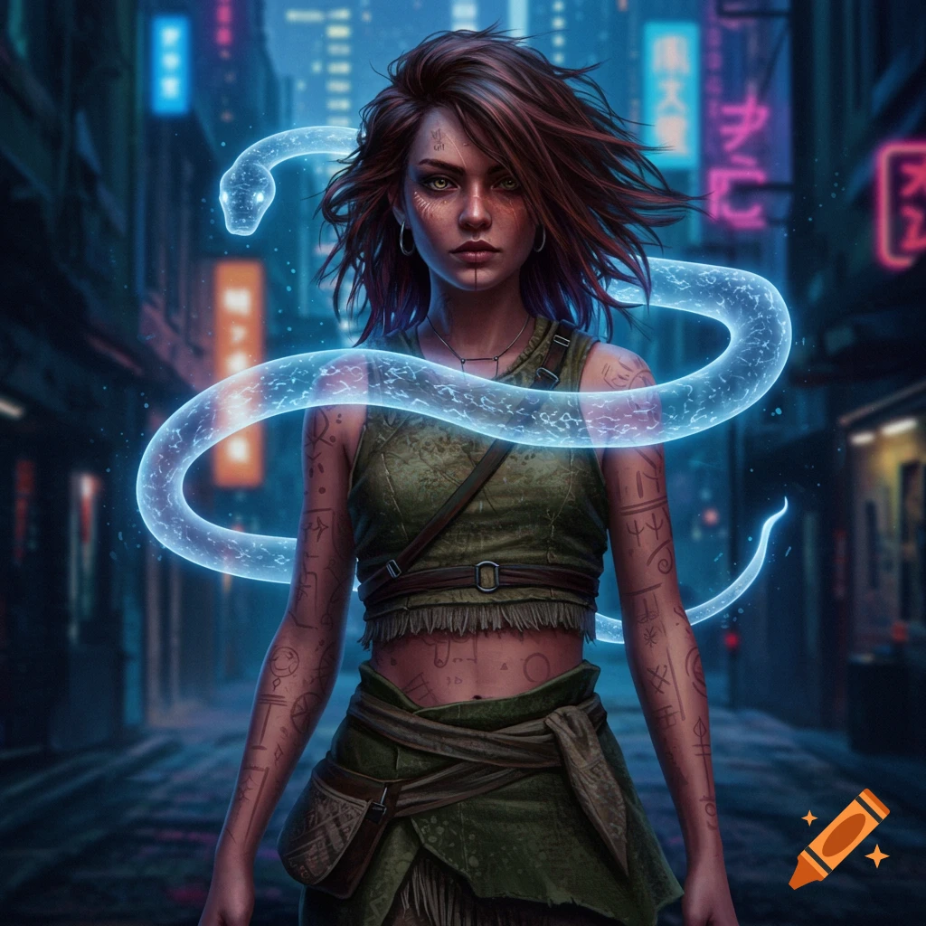 A wise-looking urban woman with tattoos and a green outfit stands in a neon-lit cyberpunk city, a glowing blue spirit snake encircling her.