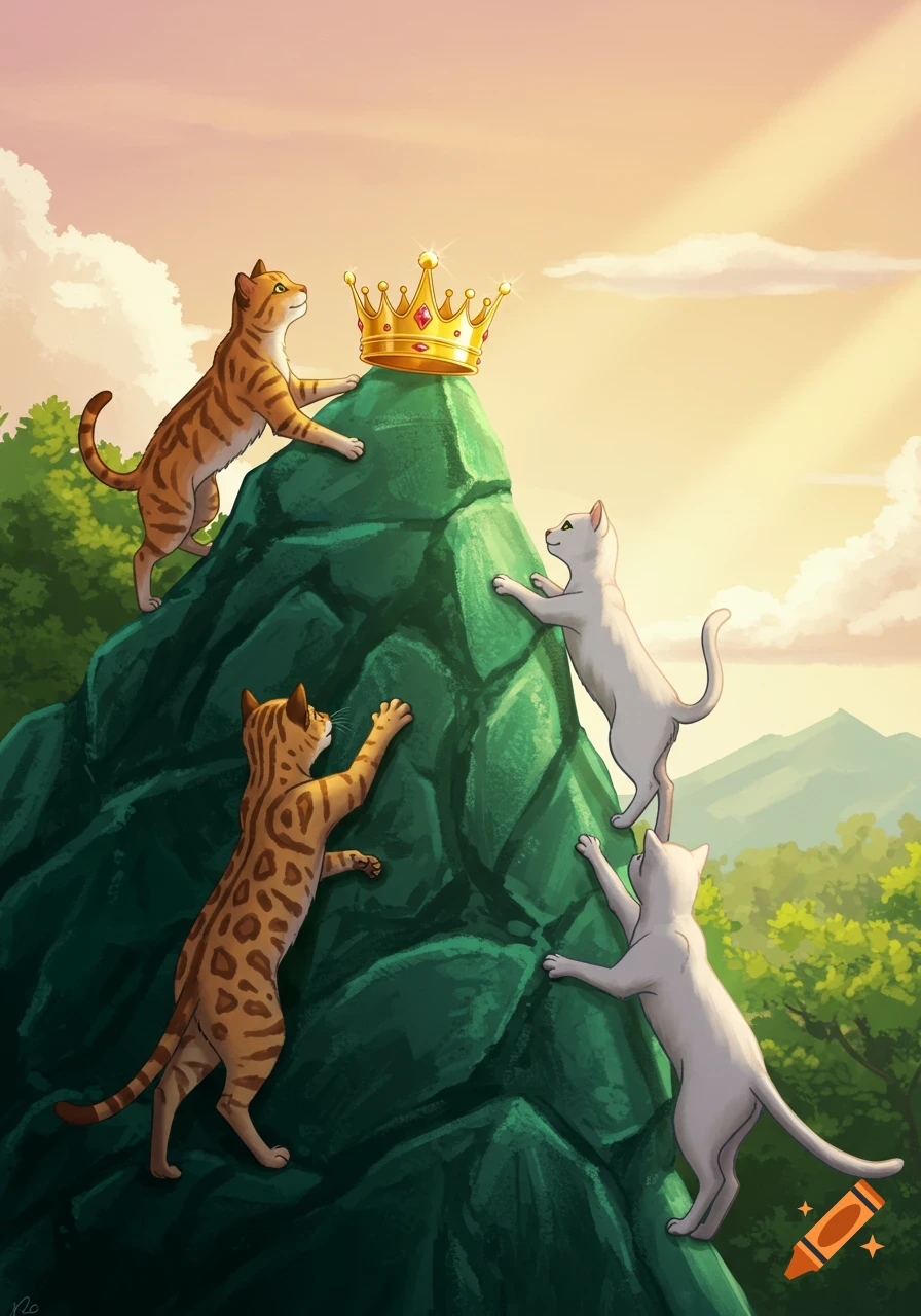 Whimsical illustration of four cats climbing a green mountain towards a golden crown under a bright sky.