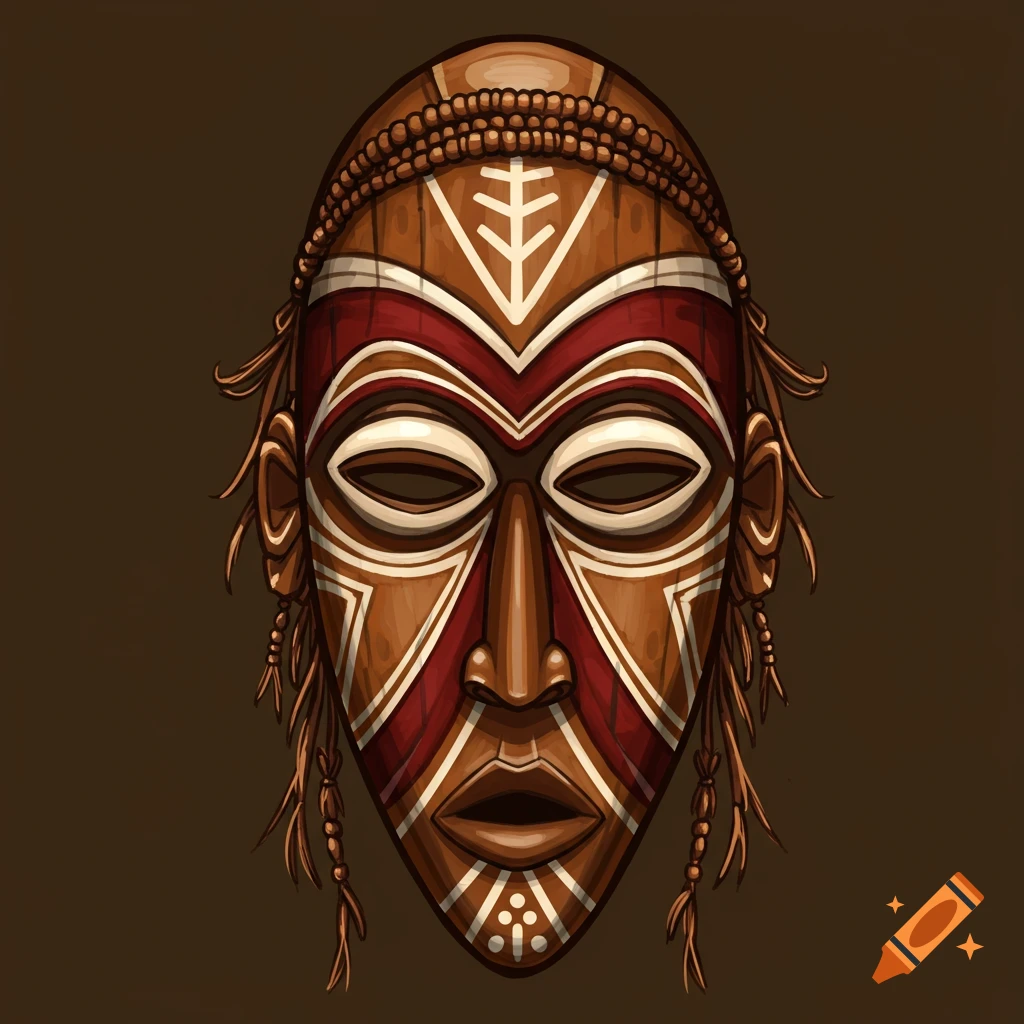 A stylized brown African mask with red and white tribal patterns and beaded details, against a dark background.