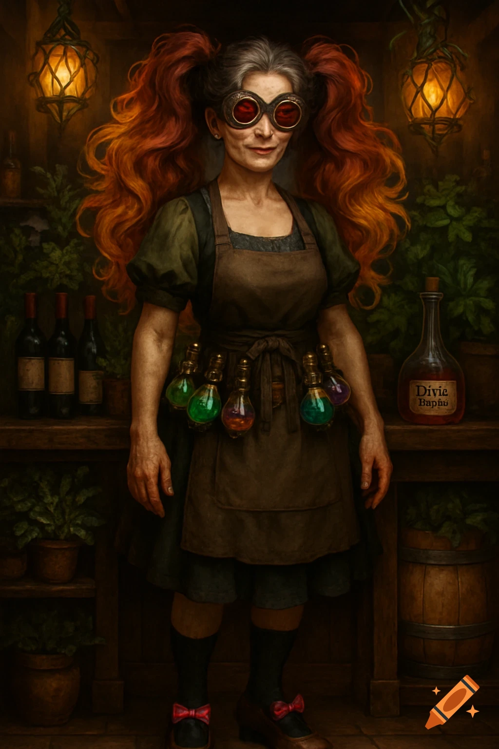 An older alchemist woman with red pigtails and steampunk goggles stands in her shop, wearing an apron with glowing potions and red-bowed shoes.