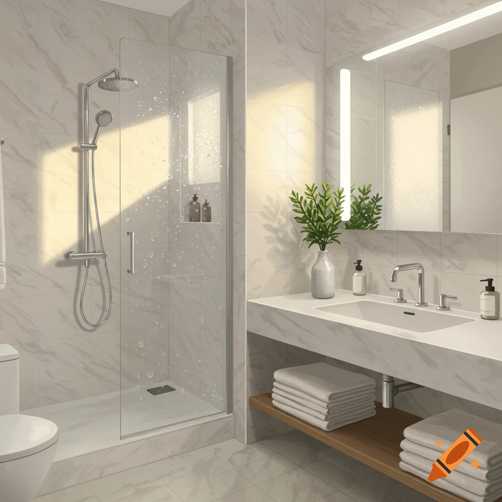 A clean, modern bathroom with a glass shower, toilet, and sink vanity with a mirror and stacked white towels.
