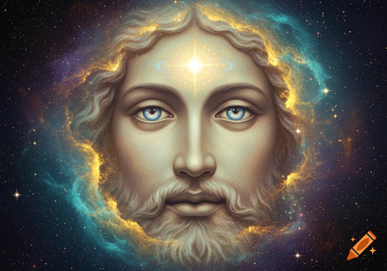 A digital painting of a man's face with a beard, blue eyes, and glowing forehead against a cosmic background of nebulae and stars.