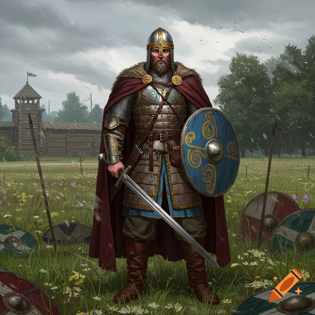 A medieval warrior in ornate armor, a red cloak, helmet, and shield, holding a sword, stands in a grassy field with a wooden fortress.