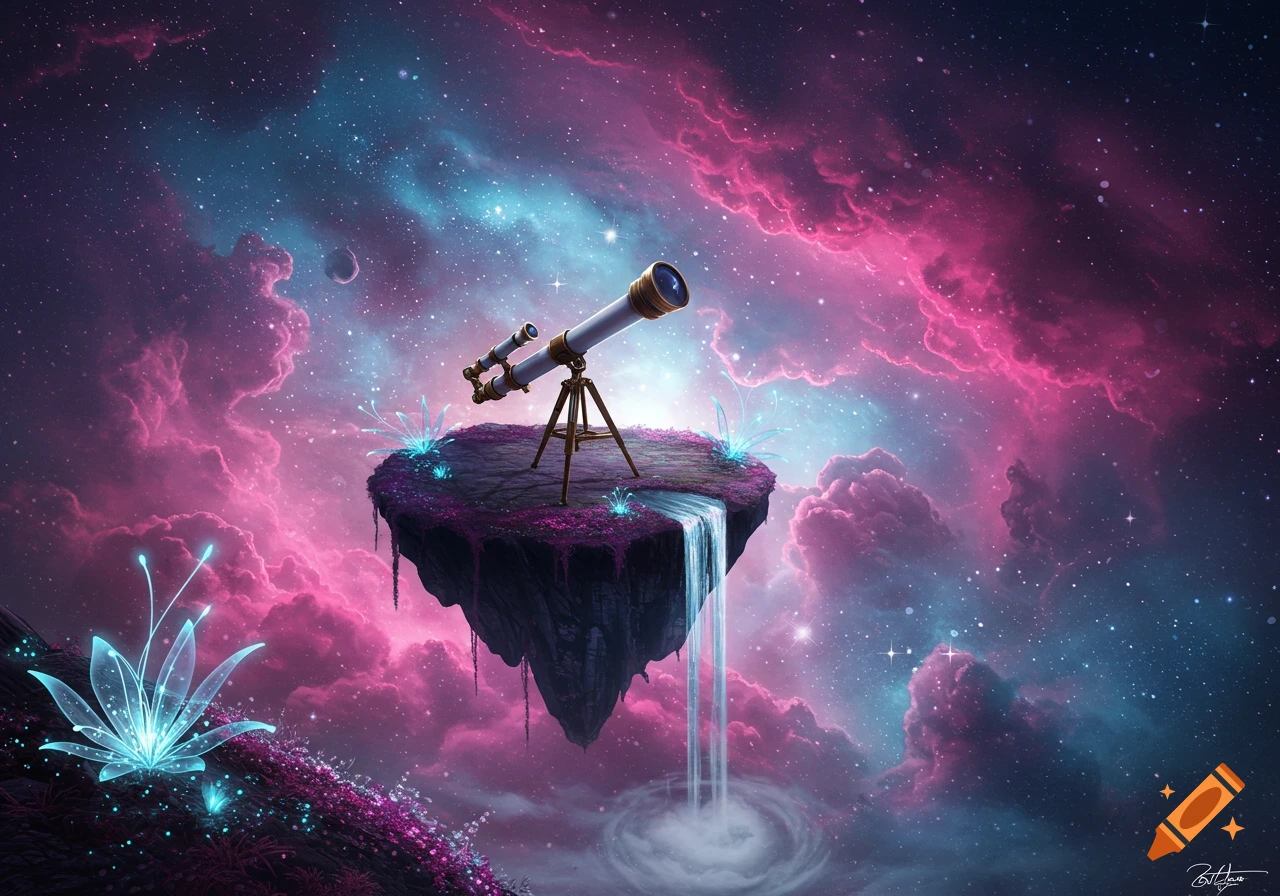 A telescope on a small floating island with a waterfall, set against a vibrant pink and blue nebula, starry space, with glowing blue plants.