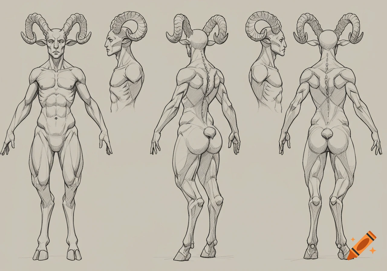 Pencil sketch of a muscular faun-like creature with large horns, shown in front, back, and profile views for character rotation.