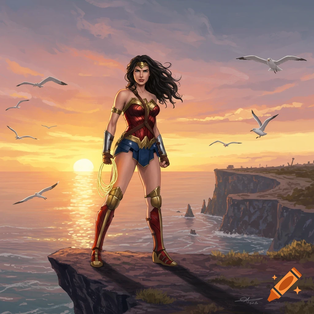 Wonder Woman stands on a cliff overlooking the ocean at sunset with seagulls flying, rendered in an illustrated style.