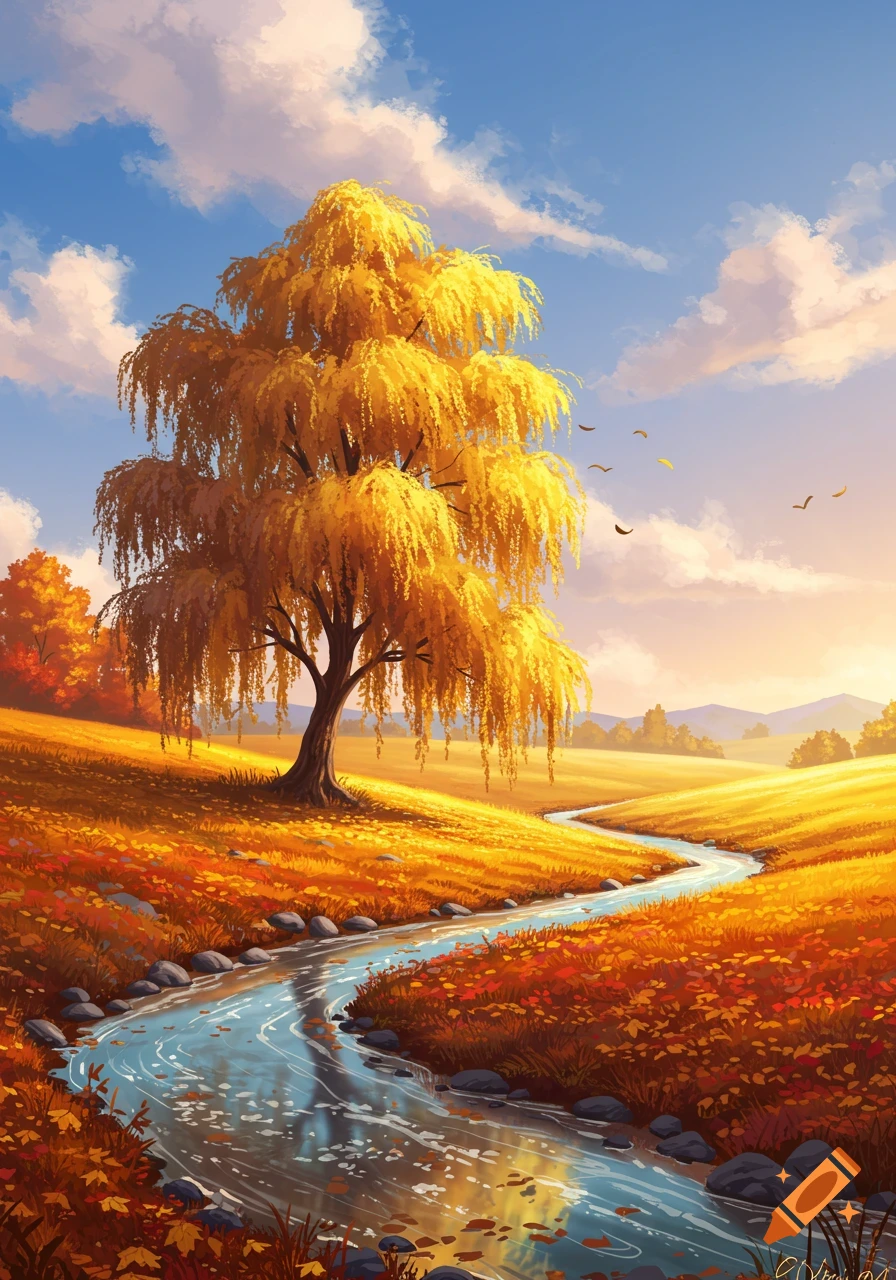 Vibrant autumn landscape with a golden weeping willow tree beside a winding river, under a bright blue sky.