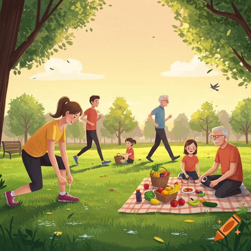 An illustrated family in a sunny park with some members running, another lacing her shoe, and others enjoying a picnic with fruits and vegetables.