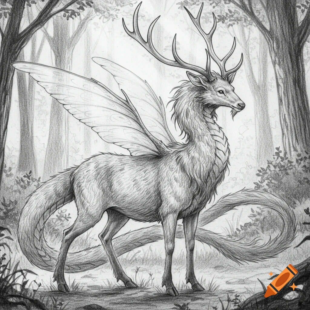 Pencil sketch of a winged deer-dragon hybrid with antlers standing in a forest clearing.