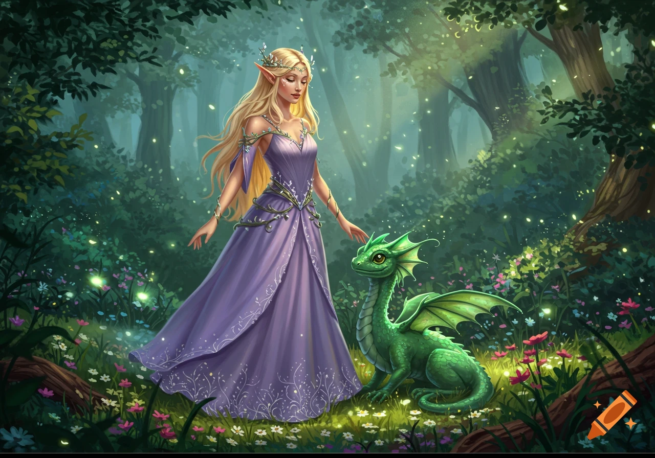 A blonde elf in a purple gown stands next to a green baby dragon in a magical forest, fantasy art.