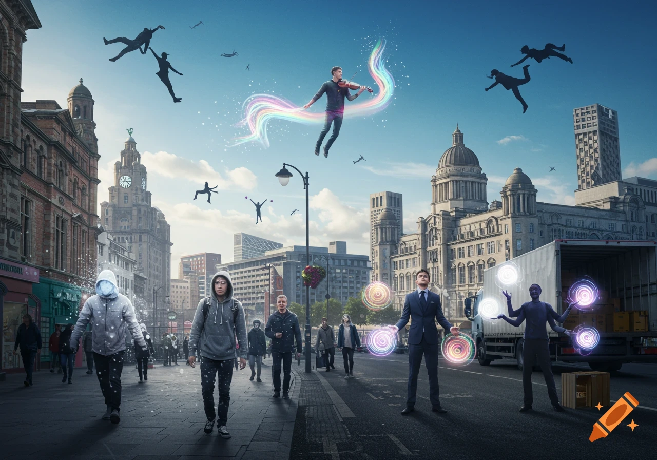 A photorealistic urban fantasy scene in Liverpool with people using superpowers: flying violinist, man with a snow cloud, glowing orbs, and a four-armed man.