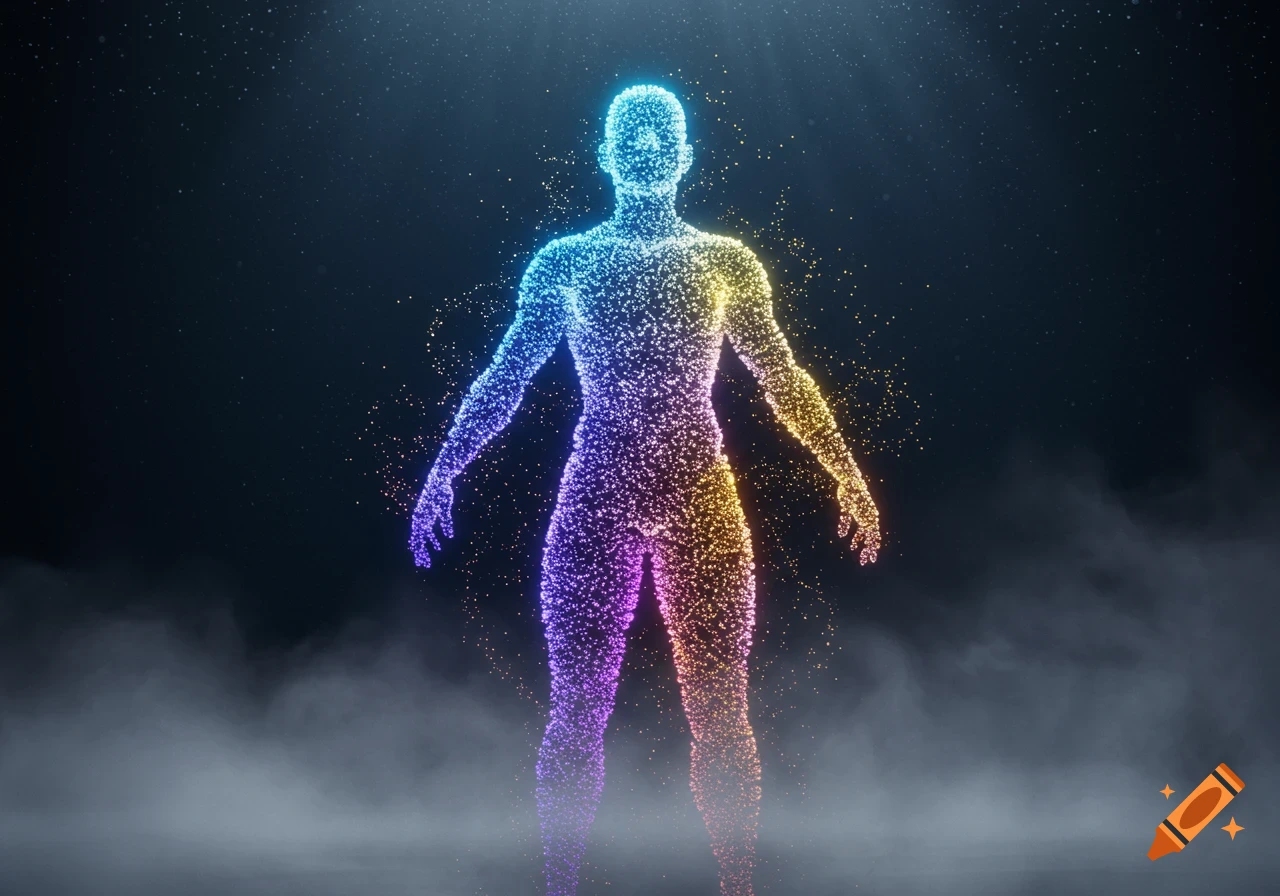 A vibrant, rainbow-colored human figure made of glowing particles stands in dark mist.
