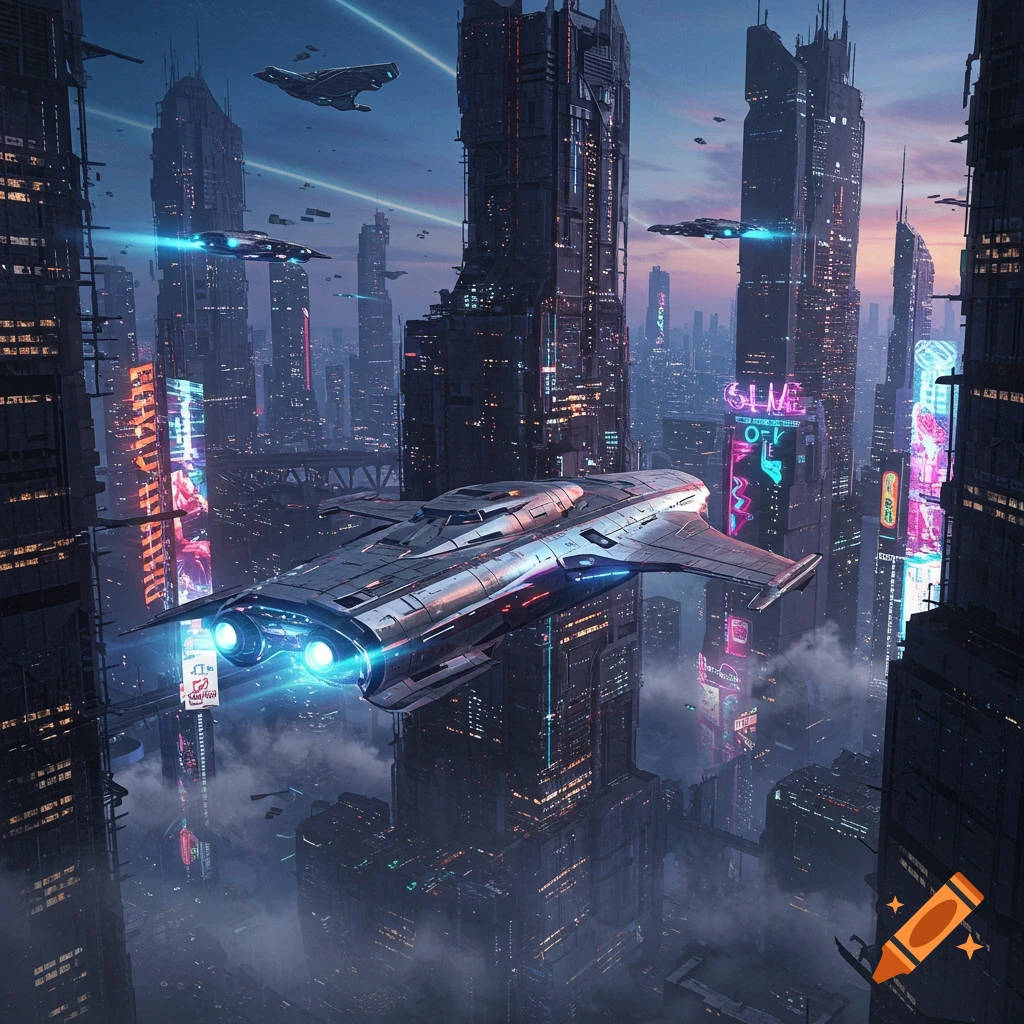 A sleek futuristic spaceship with glowing blue thrusters flies over a dense cyberpunk city with neon signs and towering skyscrapers at dusk.