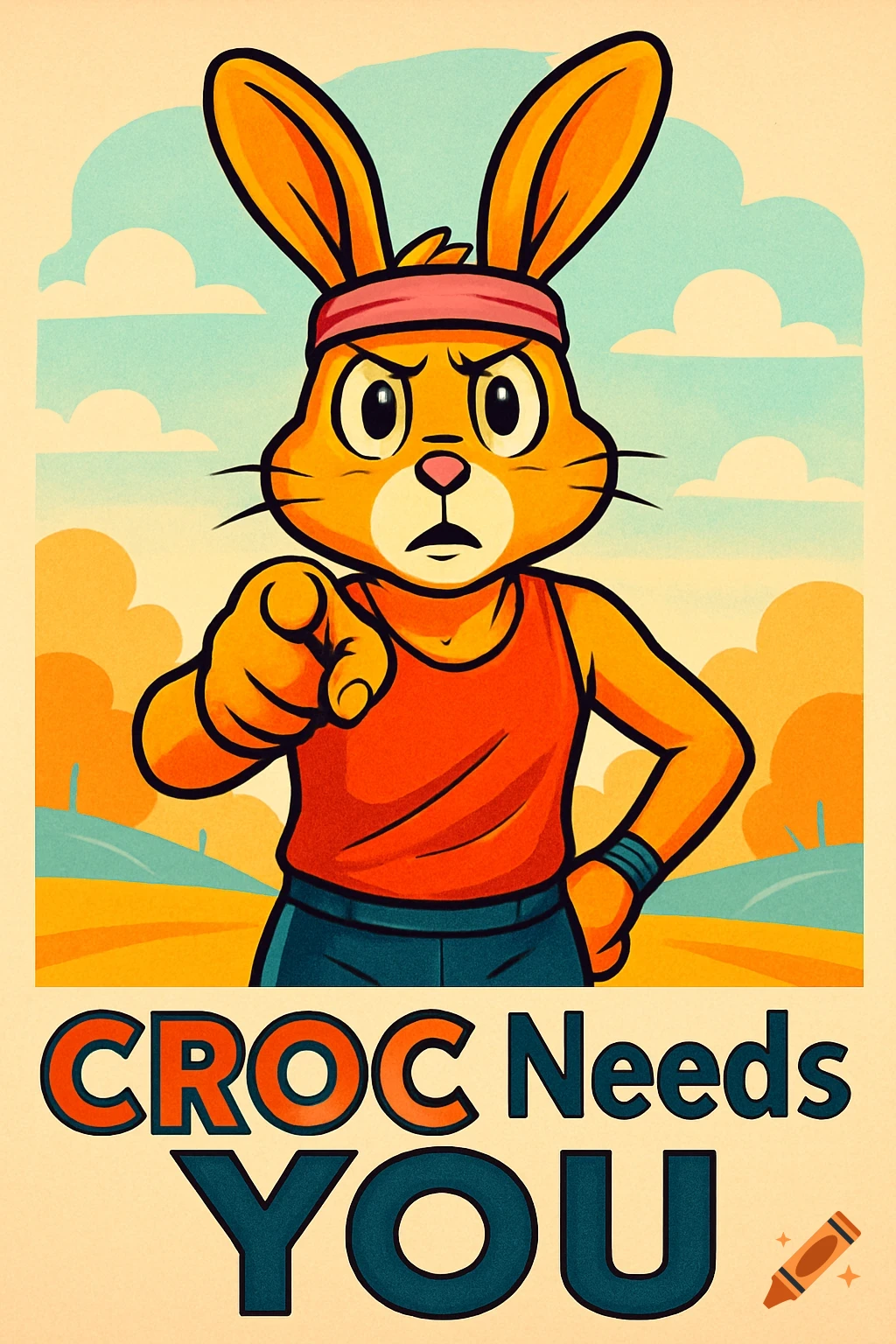 A cartoon rabbit in a headband and tank top points at the viewer in a vintage poster style. Text reads 'CROC Needs YOU'.