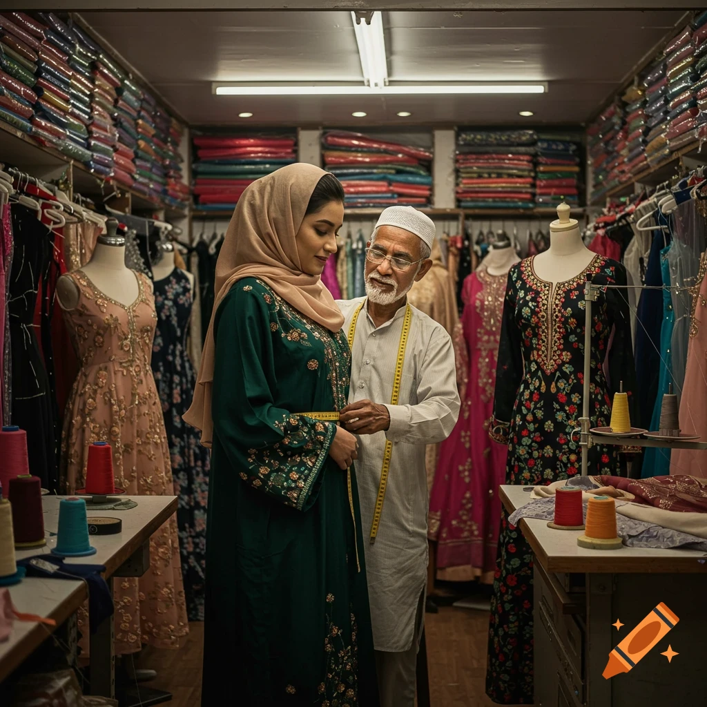 Elderly tailor measures a woman's waist in a traditional shop filled with fabrics, mannequins, and thread spools.