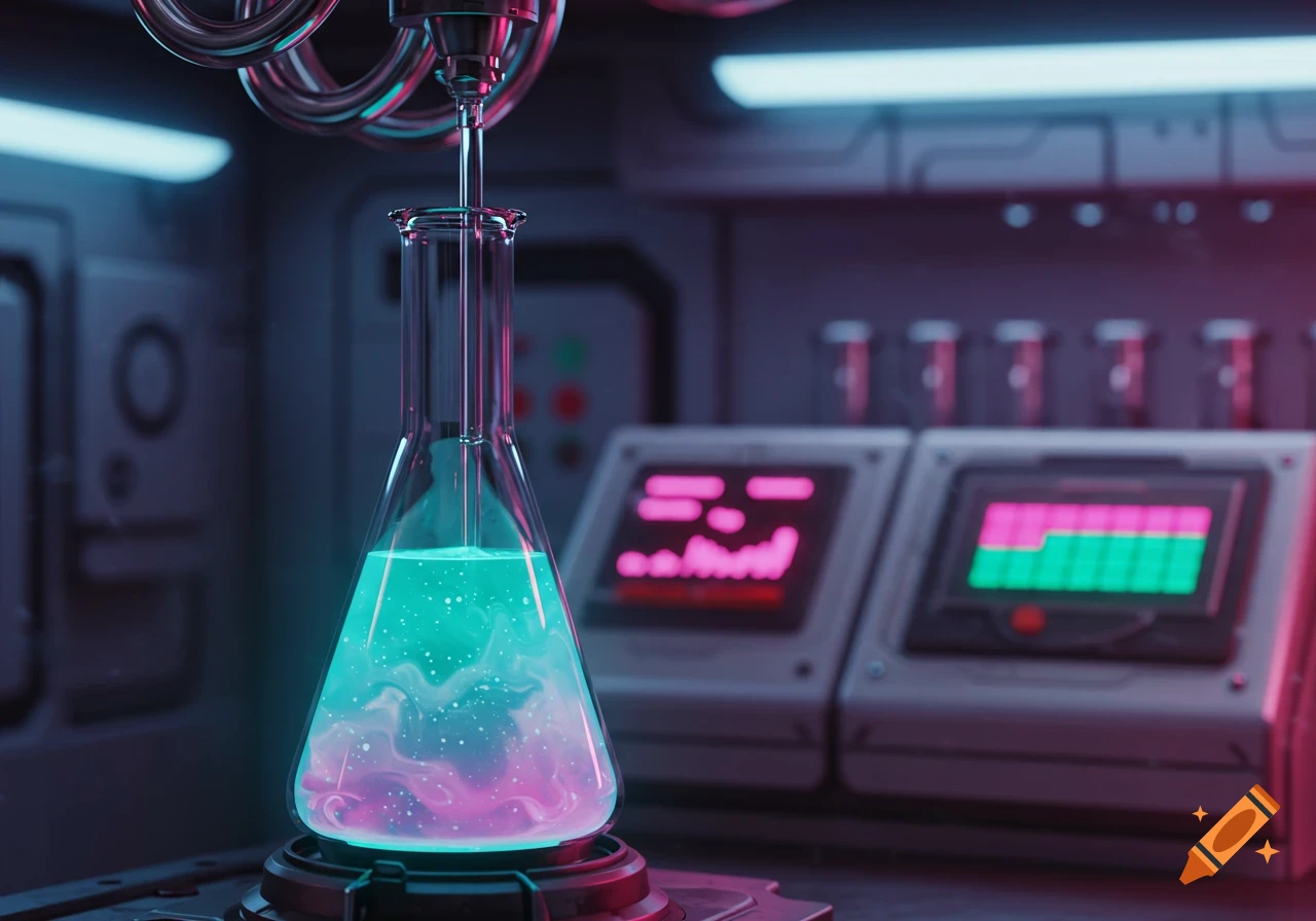 Glowing teal and pink liquid in a lab flask in a dark, futuristic laboratory.