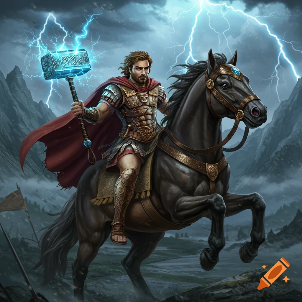 A fantasy warrior in armor, resembling Alexander the Great, rides a black horse through a stormy, mountainous landscape, holding a glowing Mjolnir.