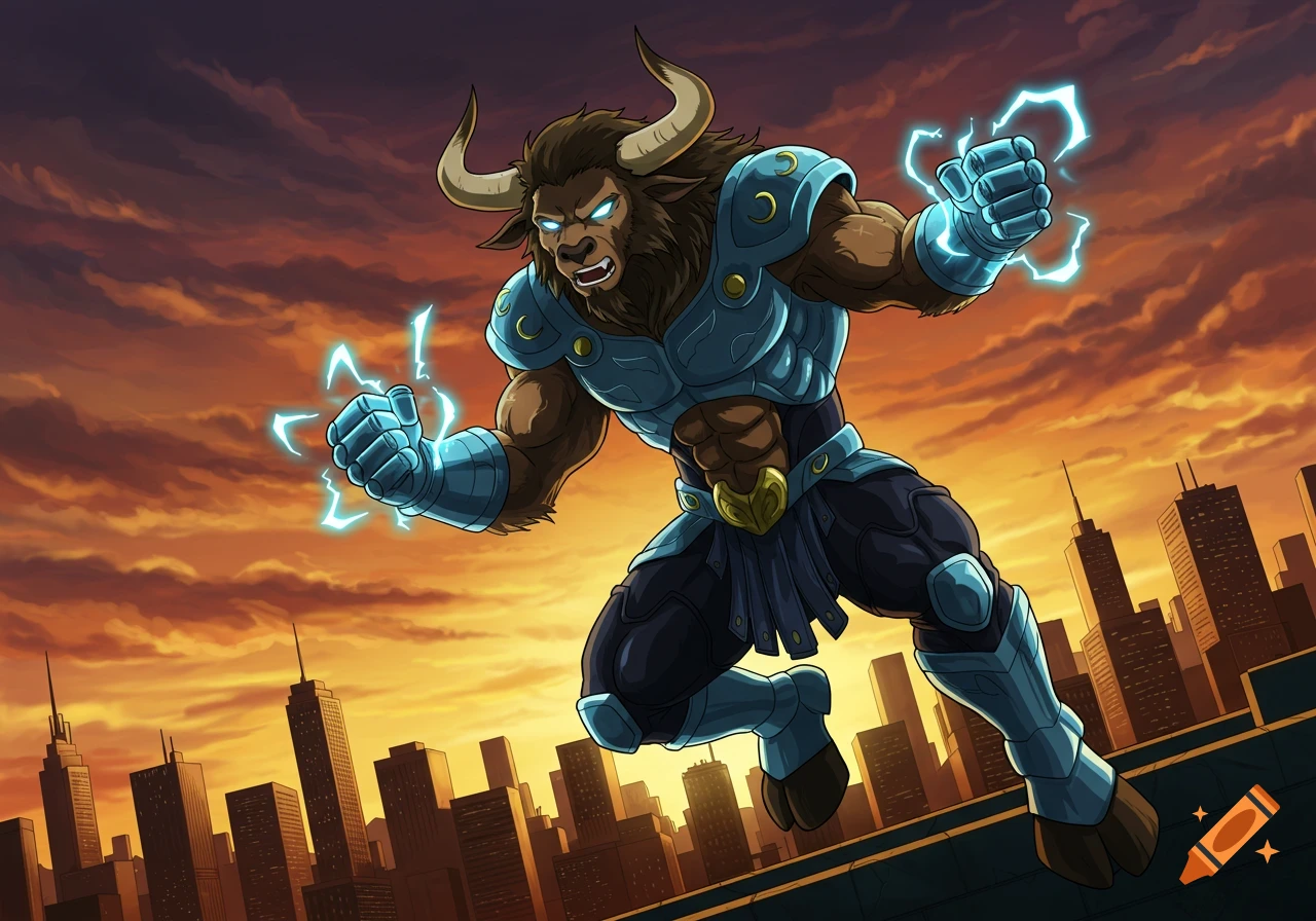 Minotaur superhero with glowing fists flying over a city skyline at sunset in an anime style.