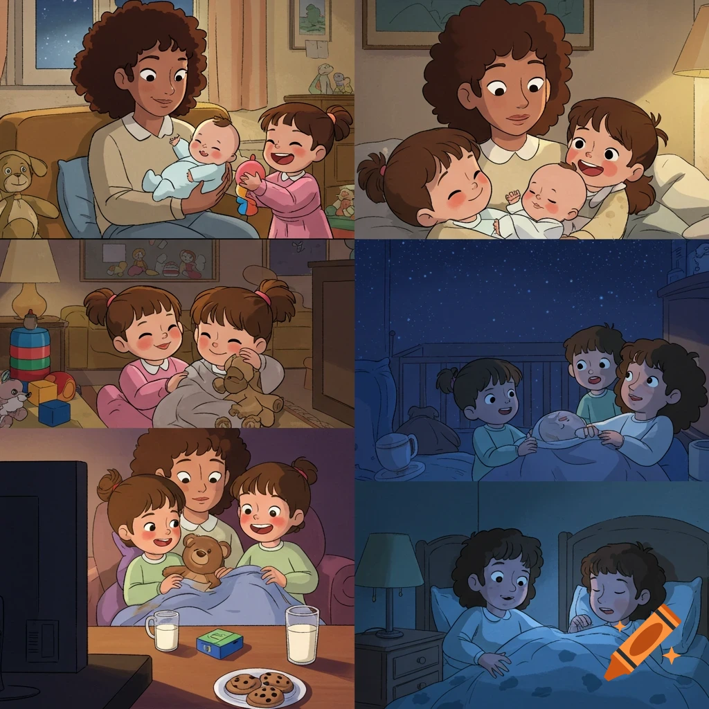 A cartoon storyboard illustrating a mother, two young girls, and a baby engaging in various family moments at home, including playing, bedtime, and watching TV.