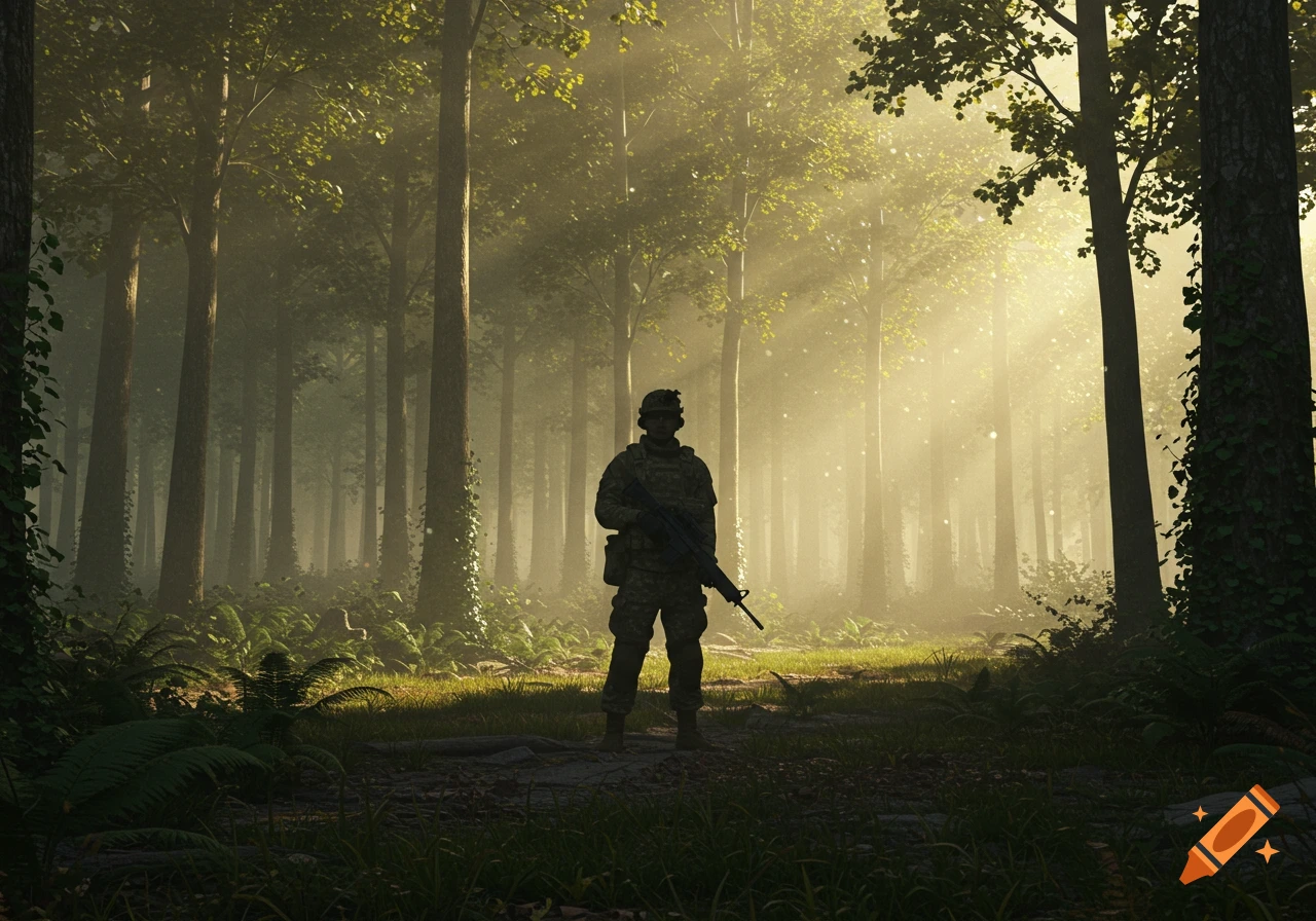 A soldier in camouflage uniform stands in a misty, sunlit forest, holding a rifle.