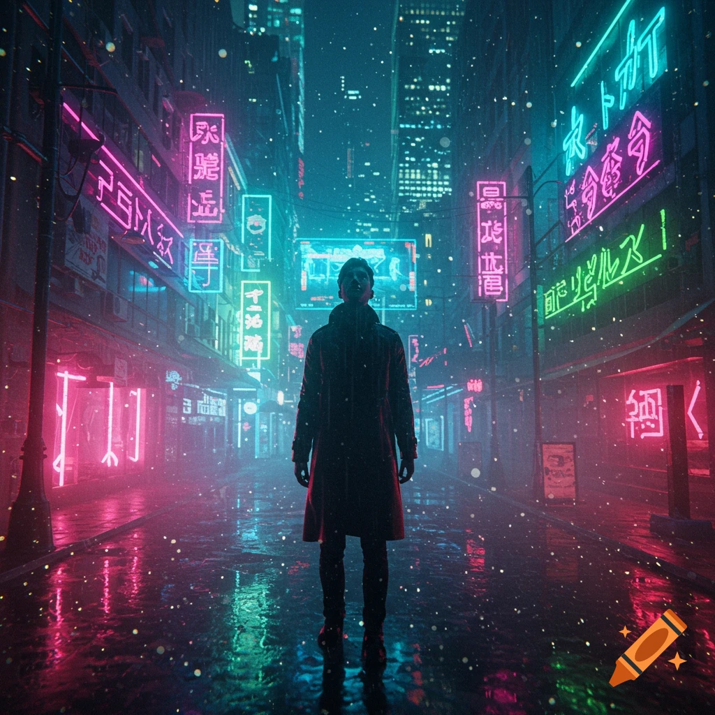 A lone figure stands in a futuristic, neon-lit cyberpunk city street, reflecting vibrant pink and blue lights on the wet ground.