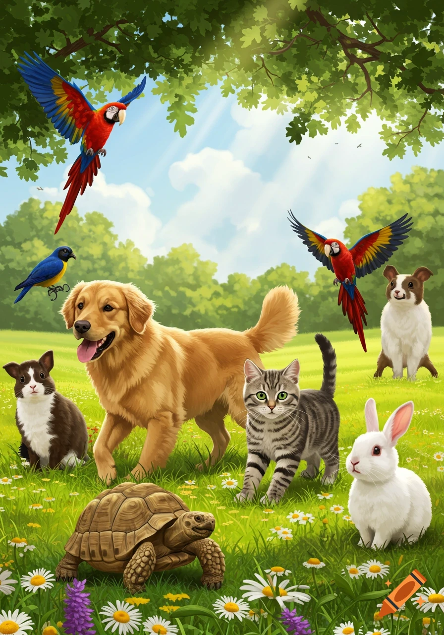 Vibrant illustration of a golden retriever, tabby cat, rabbit, tortoise, and other pets in a sunny, flower-filled meadow under green trees.