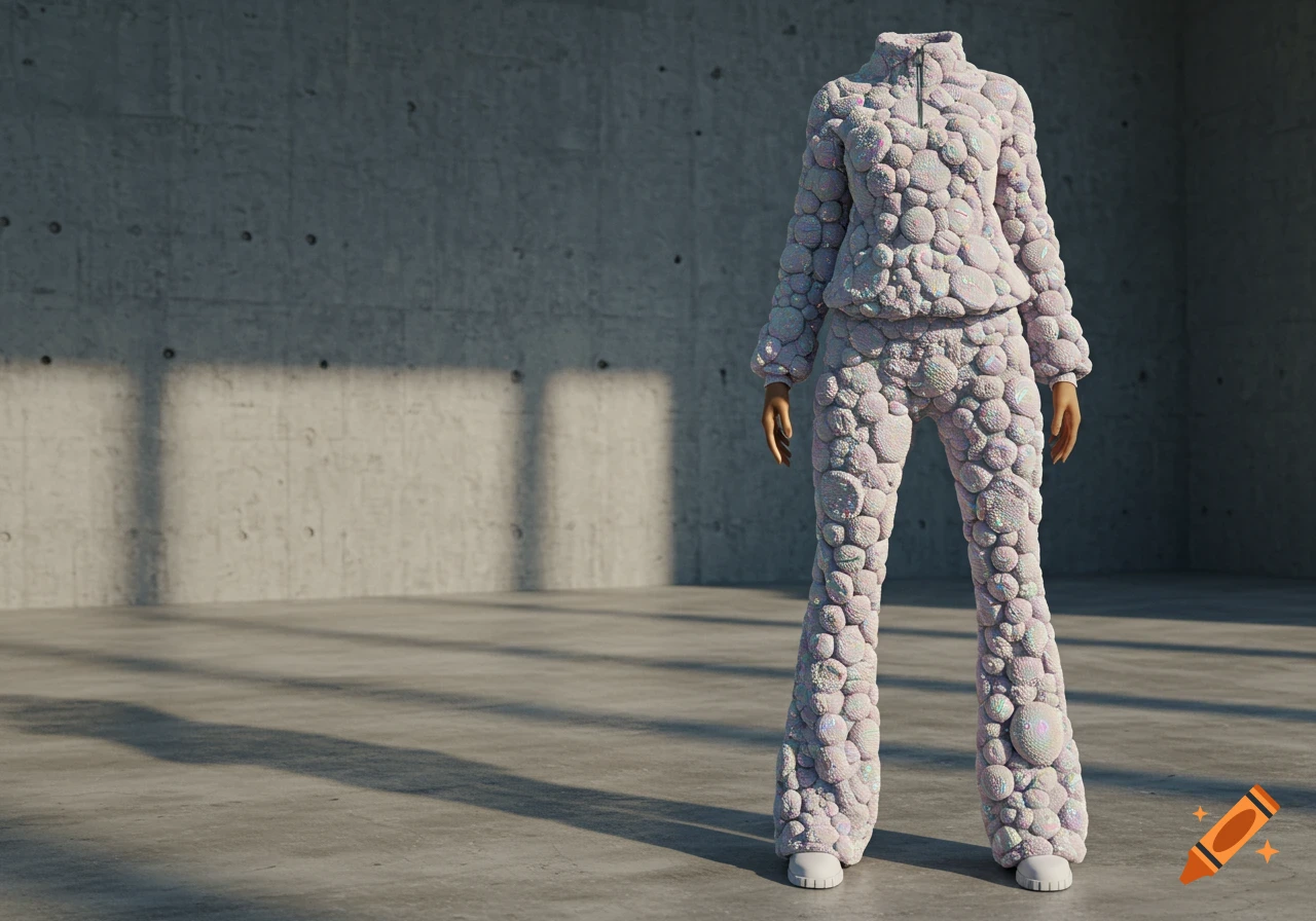 A light pink tracksuit covered in iridescent bubble-like circles, worn by a headless mannequin in a concrete room.